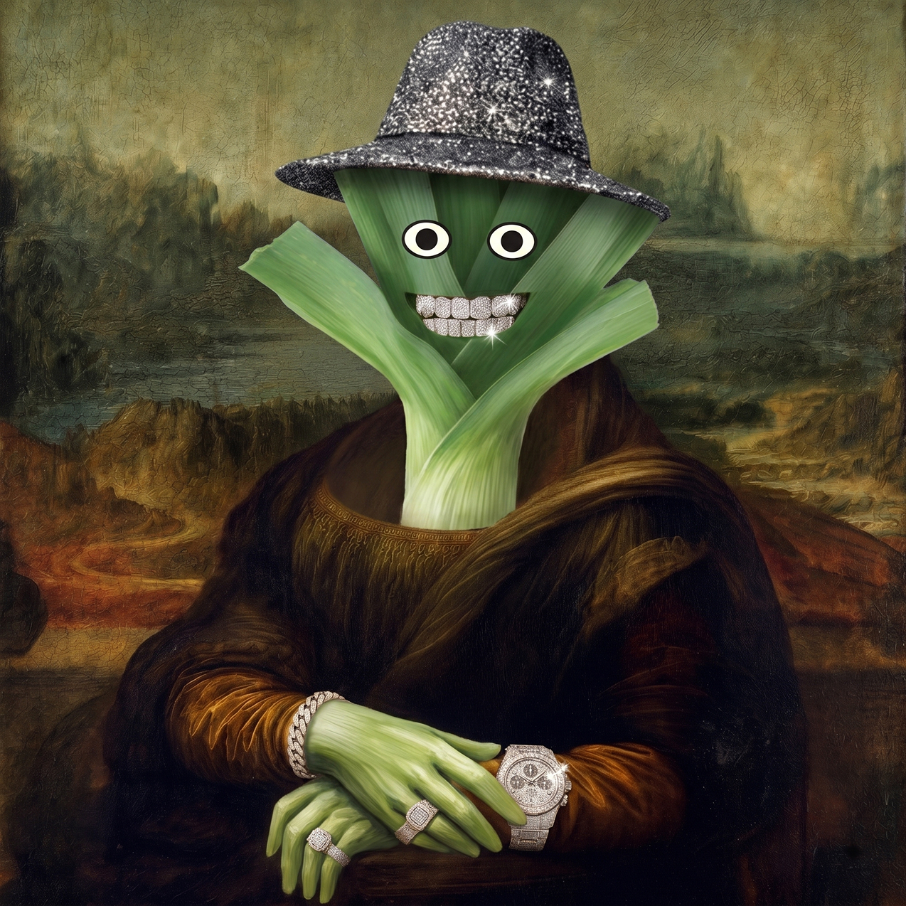 Mona Leeksa with sparkly hat and jewelry