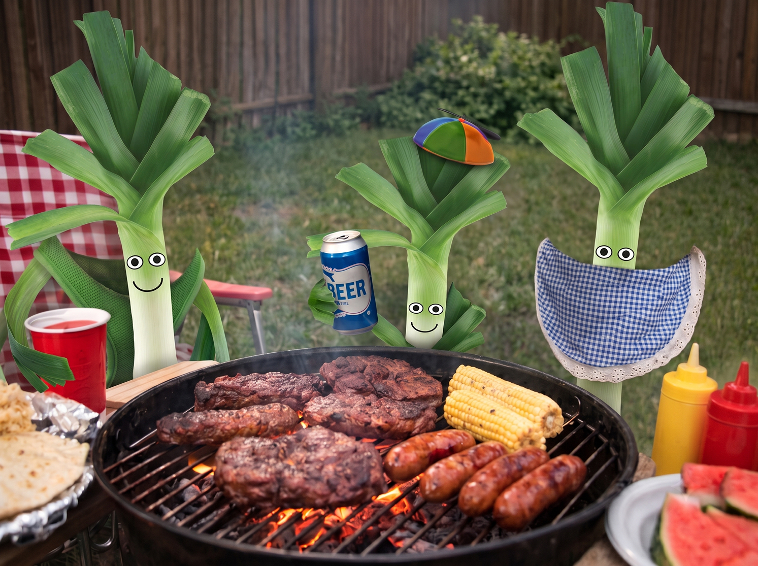 Three leeks in hats grilling at a backyard BBQ